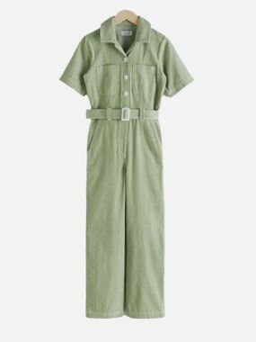 & other stories Short Sleeve Belted Wide corduroy Jumpsuit in Sage Green